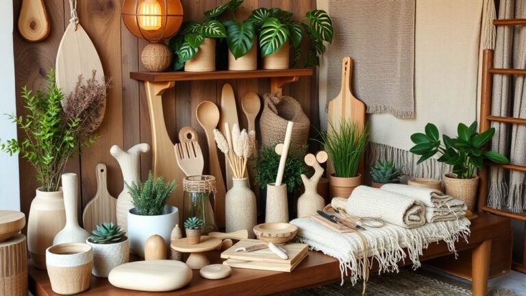 Natural gifts: wooden items, plants, organic textiles displayed.